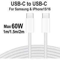 60W Nylon Braided USB-C to USB-C Fast Charging Cable for iPhone 16/15, Samsung S24/23/22, iPad Pro, Macbook Air/Pro.