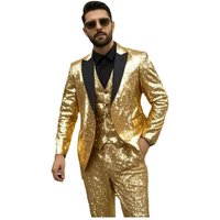 Handsome Sparkly Gold Sequins Men Suits Party Prom Groom Tuxedos 3 Pieces Sets Male Blazer Sets Customized Wedding Costume Homme