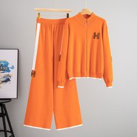Stylish Crew Neck Long-sleeved Cardigan Casual Wide-leg Pants Two-piece Set