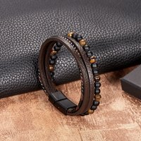 Handwoven Men's Bracelet - Tiger Eye Lapis Lazuli Obsidian Alloy Beaded Accessory