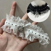 Punk Lolita Bow Cross Heart Choker Necklace Gothic Black White Lace Necklace Vintage Y2K Elastic Girls Cosplay Collar Jewelry