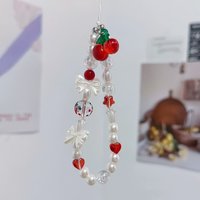 1Pcs Red Cherry Cream Bow Phone Charm, PLR Retro Short Lanyard, Versatile Everyday Accessory For Girls, Camera & Backpac