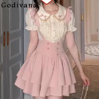 Large Size Sweet College Peter Pan Collar Short Sleeve Shirt Fashion High Waist A-line Cute Girl Pink Princess Strap Skirt
