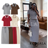 KONDALA Casual Commute Skirt Women Set Slim Polo Collar Tops, Drawstring Midi Skirt 2026 Spring Summer Fashion Elegant Lady Suit
