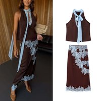 Women Spring Summer New Sexy Lace Embroidery Splicing Skirt Set Female Elegant V-Neck Lace-Up Vest Top Or Lady Patchwork Skirt