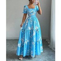 Summer 2026 Women's Floral Print Maxi Dress Elegant Square Neck Long Gown for Dating Wedding Party
