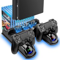 Cooling Fan Stand for PS4 Stand Fan Cooler for PS4/PS4 Slim/PS4 Pro with PS4 Controller Charger Dock Station and 12 Game Slots