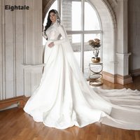 Eightale Arabic Wedding Dress Customized White Ivory V-Neck Beaded Long Sleeves Lace Muslim Satin Bridal Gown Robe De Mariée