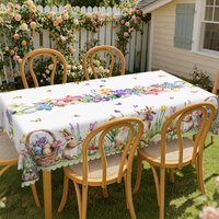 Spring Fairy Tale Themed Tablecloth, Featuring Delicate Daisies, Lilies, Hydrangeas and Other Flowers, Bright Easter Eggs, Mushrooms, Cute Rabbits, Butterfly Prints, Multiple Size Options, Embossed