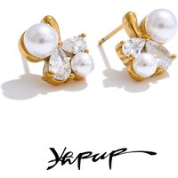 Yhpup Smooth Pearl Bling Cubic Zirconia Flower Delicate Stud Earrings Tarnish Resistant Stainless Steel Chic Sweet Jewelry Gift