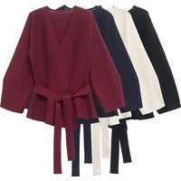 Spring Women Shoulder Pad Belt Knit Blazer Women Retro V-neck Long Sleeve Versatile Female Coat Women Clothes 9598/128