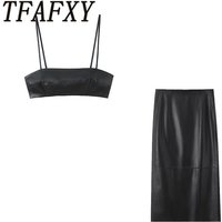 TFAFXY 2026 Spring Faux Leather Casual Solid Chic Women Suit Cami Slim Folds Vest Loose Midi Skirt New Fashion Female Sets