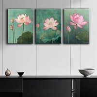 2D Flat, 3pcs Modern Pink for Lotus Flower Canvas Art - Wrapped Wall Decor for Living Room, Bedroom, Office | Serene Teal Backgr