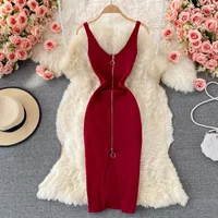 Zipple 2023 Sexy Summer Knit Strap Dress Women Tank Elatic Waist Bodycon Sundress Female Beach Split Backless Midi Dress