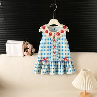 Summer New Girls Dress Cute Mushroom Embroidery Lace Collar Sleeveless Plaid Cake Dress Kids Sweet Casual Wide Strap Sundress