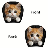 2pcs Cute Big-Eyed Orange Cat Print Car Headrest Covers, Car Interior Decor, Elastic Design,