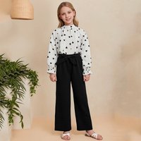 Autumn New Girls Outfit 8-12 Years Girls Long Sleeve Shirt With White Heart + Black Wide-Leg Pants Pastoral Retro Kids Suit