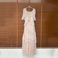 Women's Ruffle Maxi Dress V Neck Lace Up Back Dress, Elegant Puff Sleeve A Line Dress for Beach Vacation Party Wedding Guest