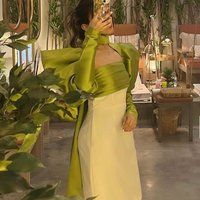Chic Short Evening Dress High Neck Puff Long Sleeves with Pleat Sexy Open Back Sheath Knee Length Women Party Gowns for Wedding