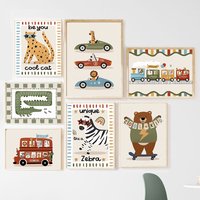 Funny Cartoon Animals Car Bus Nursery Wall Art Canvas Painting Leopard Bear Zebra Posters & Prints Pictures Baby Kids Room Decor