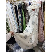 100% Silk Women Flower Print Midi Dress Summer Lace Stitching V-Neck Sleeveless High Waist Holiday Style Robe