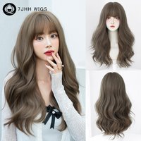 7JHH WIGS Light Brown Wig Heat Resistant Synthetic Body Wave Brown Wig for Women High Density Fashion Wavy Wigs with Neat Bangs