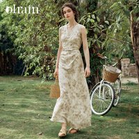 OLrain Vintage Printing Womens Dresses 2026 Spring Summer A-line French V Neck Sleeveless Wrap Waist Elegant Dress O24XL89681
