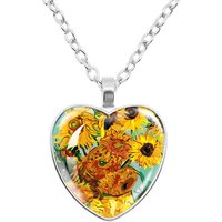 Fashion And Personality Van Gogh Art Starry Night Sunflower Necklace Glass Circle Painting Heart Shaped Pendant Photo