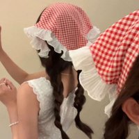 Gingham&Lace Triangular Hair Scarves For Women Cute Ruffled Gingham Head Scarf Elegant Lace Hair Bandana Fashion Hair Accessory