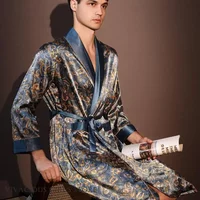 Men Robe Pajama Long Sleeve Kimono Bathrobe Gown with Pocket Luxury Print Male Sleepwear Home Clothes Loose Ice Silk Loungewear