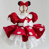 Flower Girl Dress Red Satin Baby Girl Lolita Princess Dress with Bow Headband Toddler 1st Birthday Outfit Kids Photoshoot Party