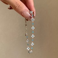 Silver Plated Four Leaf Clover Bracelet Inlaid Turquoise and Clear Zircon Adjustable Chain Women Elegant Daily Jewelry Gift