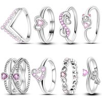 Charms Spring 925 Silver Color Rings Pink Heart Shaped Zircon Cat Rings For Woman Fine Romantic Wedding Engagement Jewelry Gifts