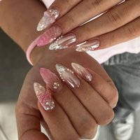 24Pcs Pink Silver Glossy Almond Press on Fake Nails Full Cover Bow Pearl Sweet Cool Wearable Finished Nails Set for Spice Girls