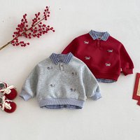 Roter Neujahrspullover für Kinder, Reverspullover mit Samtbesatz für Jungen und Mädchen, Strickwaren für den Herbst-Winter-Urlaub