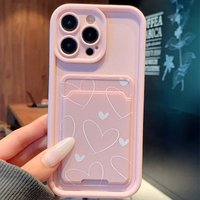 White Love Heart Pattern Card Slot Pocket Phone Case For iPhone 17 16 15 14 13 12 11 Pro Max Plus X XS Shockproof Silicone Cover