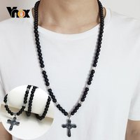 Vnox Men's Black Carnelian Stone Rosary Beads Necklace Cross Crucifix Catholic Male Religious Prayer Jewelry