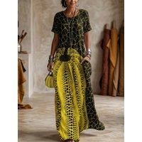 Freeacy 2026 Summer New Artistic Print Maxi Dress for Women Round Neck Short Sleeve Casual Party Dresses Vacation Sundress
