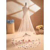230CM Long Floral Bridal Wedding Veil One Layer Embroidery Lace Applique Court Train Bridal Marriage Accessories