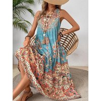 Women's Boho Holiday Dress Fashion Print O Neck Sleeveless Dresses Women Casual Vintage Beach Loose Dress Robe Femmer Summer New