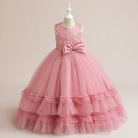 Rosa Stickerei Blumen mädchen Kleid Bogen Kinder Kostüm Tüll lange Brautjungfer Party kleider für Mädchen Geburtstag Hochzeit Ballkleid
