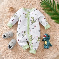 Spring and fall cotton long-sleeved baby clothing green Cartoon dinosaur print 0-18 months baby one-piece newborn romper