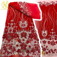 Nouveau style rouge, tissu de dentelle africaine en velours brodé de perles, tissu de dentelle à sequins français, pour la couture de robes de fête et de mariage nigérianes pour femmes