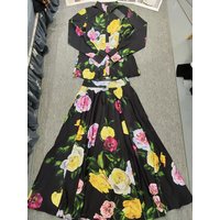 Printed lapel single-breasted long-sleeved shirt 2025 spring new two-piece suit+high waist and big skirt fashion women's suit