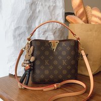 Women Fashion Khaki Monogram Genuine PU Leather Bucket Bag Lady Luxury Gold V-Shaped Design Crossbody Bag Female Glam Date Handb