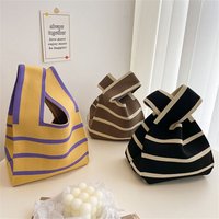 Women Reusable Wide Stripe Plaid Tote Bag Knit Handbag Knot Wrist Bag Shopping Bags