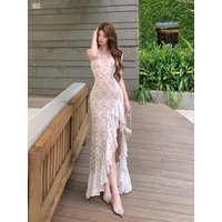 French Style Lace Halter Neck Bodycon Backless Fish Tail Long Dress Summer Vacation Casual Breathable Soft Polyester Skirt