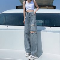 Spring Thin High Waist Straight Leg Jeans Women's Ripped Denim Pants Drapey Wide Leg Trousers Fashionable Casual Jeans