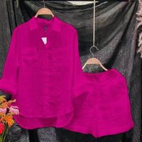 Women's Summer Two-Piece Set Casual Long Sleeve Shirt And Shorts Solid color Home Sets White Black Pink