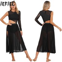 Womens Lyrical Dance Dress Cutout Mesh Patchwork Modern Latin Dance Contemporary Dancewea Stage Performance Ballerina Costume